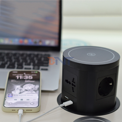 Keuken Verborgen Pneumatische Pop-up Power Sockets Met USB-poort en 15W draadloos oplader voor kantoor bureau
