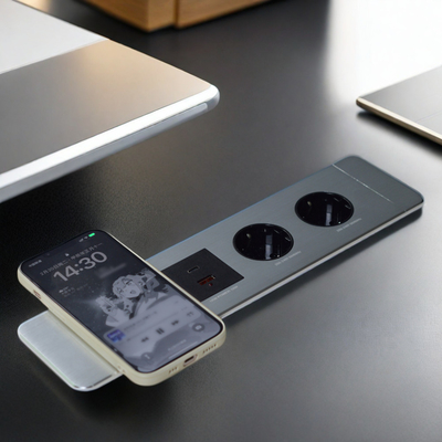 Multifunktioneel kantoor-afsluiting onder tafel EU-aansluiting met USB-A+C-poorten en draadloos oplader