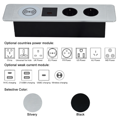 Multifunktioneel kantoor-afsluiting onder tafel EU-aansluiting met USB-A+C-poorten en draadloos oplader