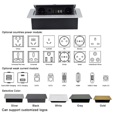 Ingebouwde fabriek Pop-up stopcontact met EU-afsluiting Ingebouwde tafeltop IP44 2 AC-afsluitingen RJ45 Netwerk en HDMI-stick