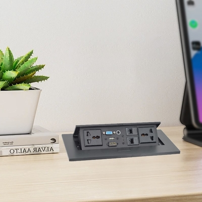OEM/ODM Universele 16A/10A AC-uitlaat & Cat6 Data Port PopUp Design Tabletop Socket IP44 niveau met 2 uitlaat