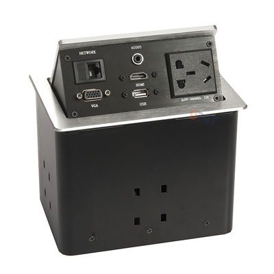 Conferentietafel van zilveren aluminium, pop-up stopcontact met 2 USB's, 2 netwerken