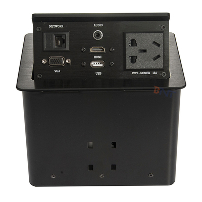 Conferentietafel van zilveren aluminium, pop-up stopcontact met 2 USB's, 2 netwerken