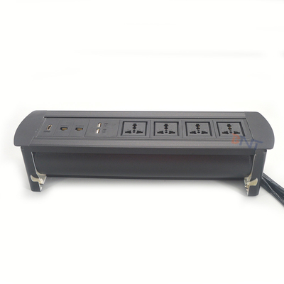 Glanzend zilveren aluminium legering handmatig draaien conferentietafel stopcontact 1,5 meter kabel aansluitingen