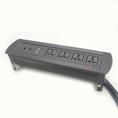 Glanzend zilveren aluminium legering handmatig draaien conferentietafel stopcontact 1,5 meter kabel aansluitingen