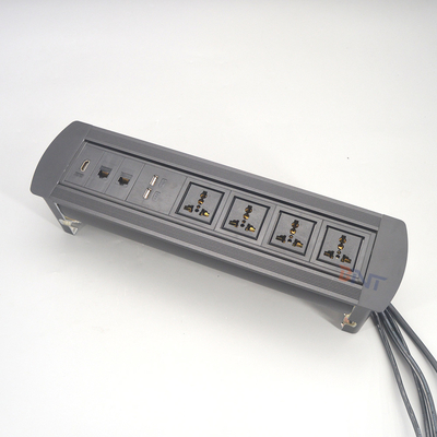 Glanzend zilveren aluminium legering handmatig draaien conferentietafel stopcontact 1,5 meter kabel aansluitingen