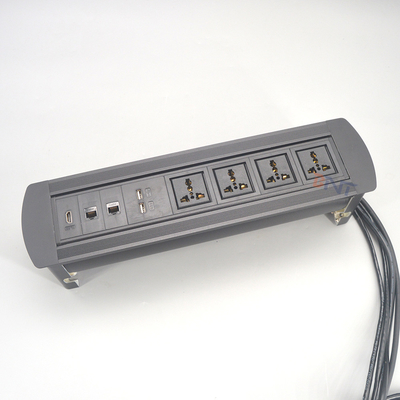 Glanzend zilveren aluminium legering handmatig draaien conferentietafel stopcontact 1,5 meter kabel aansluitingen