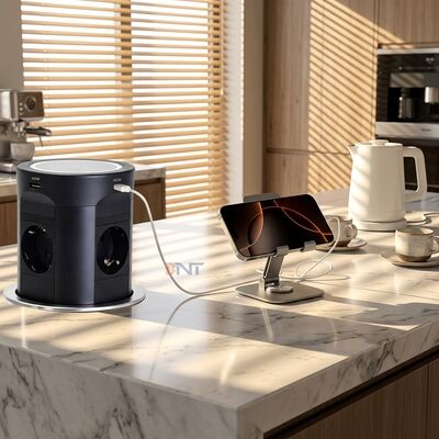 BNT Tabletop Office Commercial Use 4 AC Power Pneumatic Pop-Up Desktop Socket Kitchen Socket with Dual USB A+C Port PD45W Charge