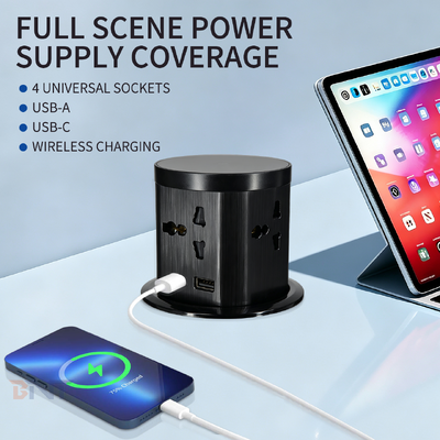 85mm Uitgesneden Pop-up Socket 4 Universele AC-uitgangen USB a en Type C Poorten 16A 110-220V PC Geborstelde Afwerking 1,5m Kabel