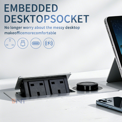Hot Sale Pop-up Stekkerdoos Desktop Stroomverdeeleenheid met Dubbele Britse Standaard 15W Draadloos Opladen voor Desktop Gemak